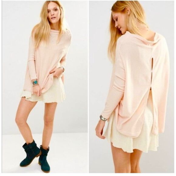 Free People Pink Ribbed Swing Tunic Top Womens Size S Raw Hem Long Sleeve - Picture 1 of 13